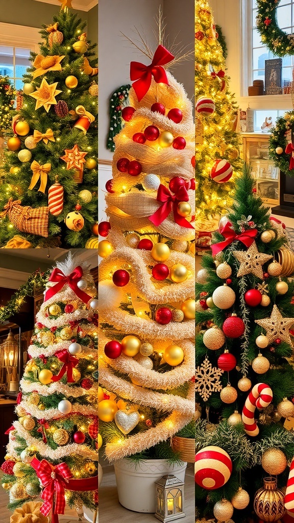 A collage of themed Christmas trees: rustic farmhouse, elegant gold and silver, whimsical candy cane, and vintage styles.